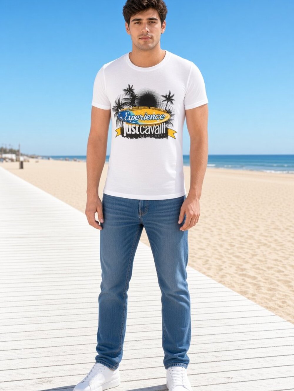 Just Cavalli Men White Cotton Experience Palm Graphic Crew Tee Beach Sport US XS